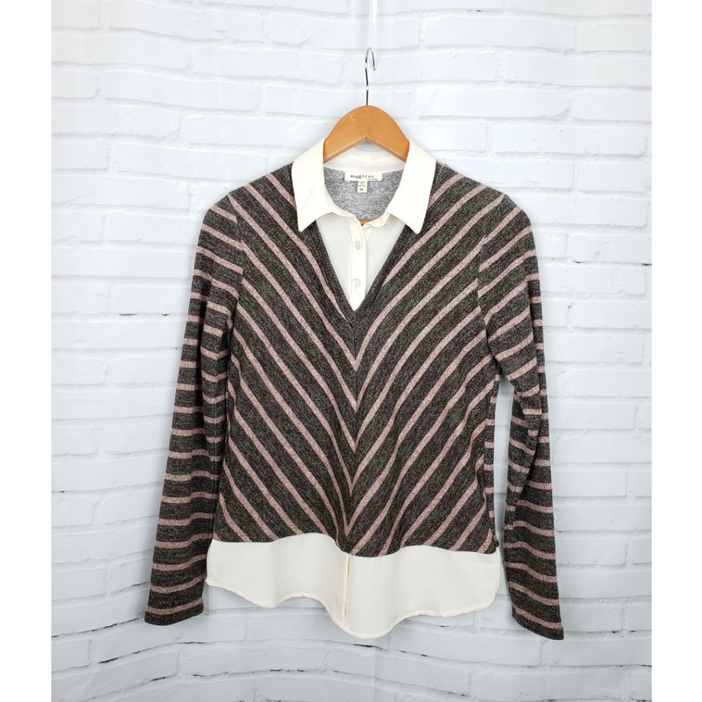 Monteau Chevron Mixed Layered Collared Sweater - Picture 1 of 4